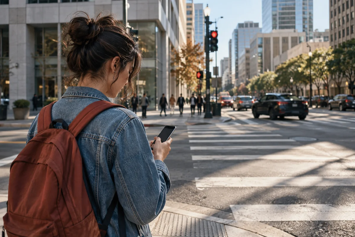 Illustration of a person checking their phone on an American city street